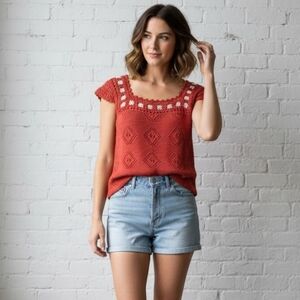 Crochet Top Womens XS‎ Handmade Embroidery BOHO Festival Cabin Cottagecore Knit